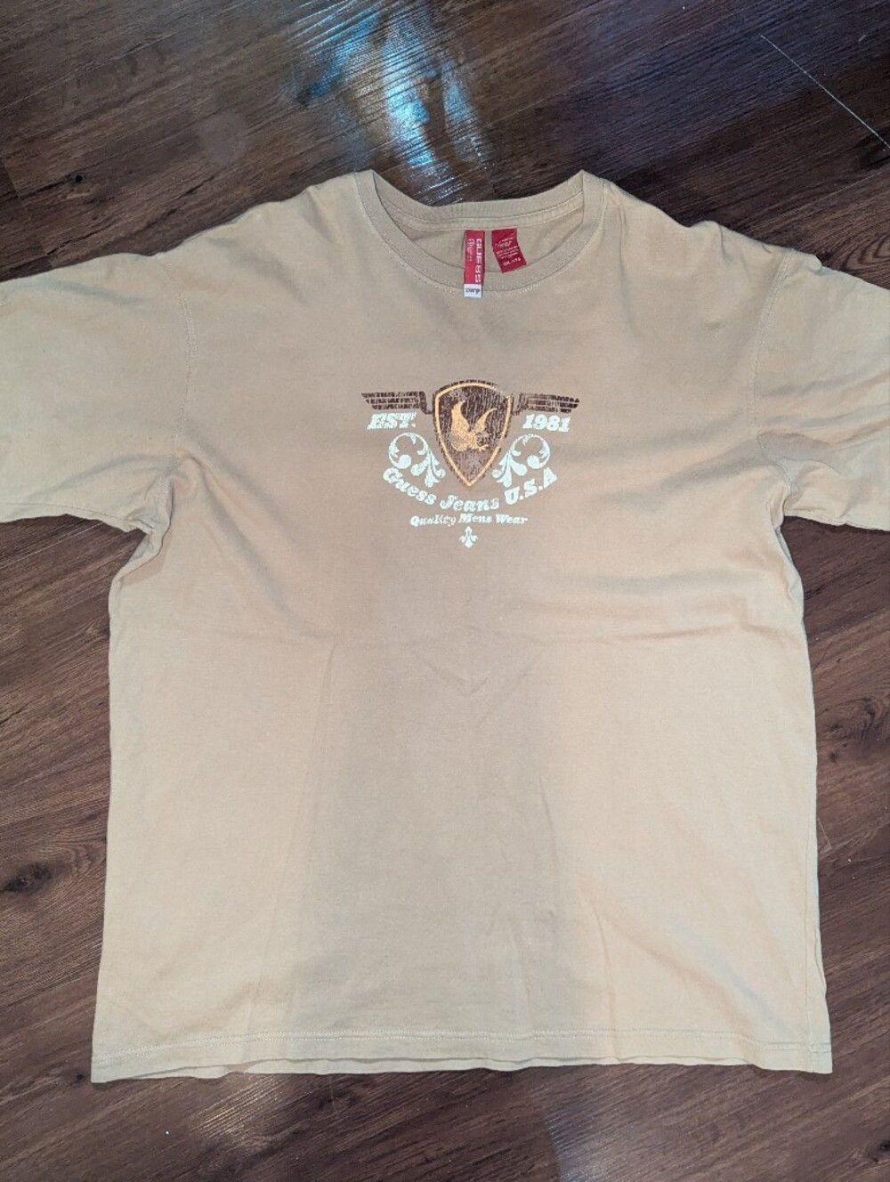 Guess Vintage 2000s Khaki Cotton Tshirt, Men's 2XL
